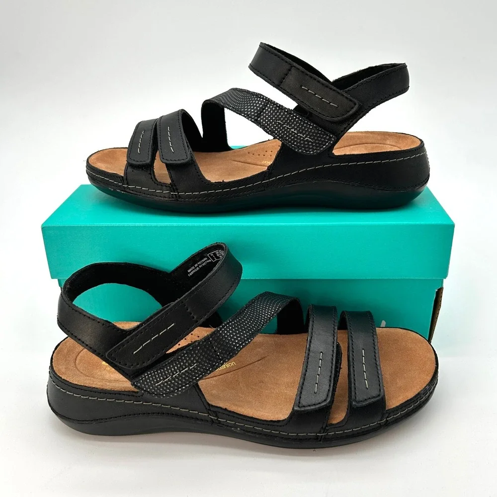 Womens Sandals Clarks Cecily Mix Size 6.5 Wide Black Leather Strappy Comfort NEW